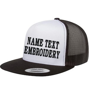 Custom Embroidery Personalized Text Name Embroidered with Yupoong 2tone Mesh Trucker Snapback Hat Flat Bill Baseball Cap White Black