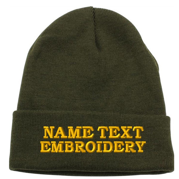 Custom Embroidered Beanie Personalized Name Text embroidery Ski Toboggan Long Cuffed Knit Cap Unisex PC01 - Olive Green Army