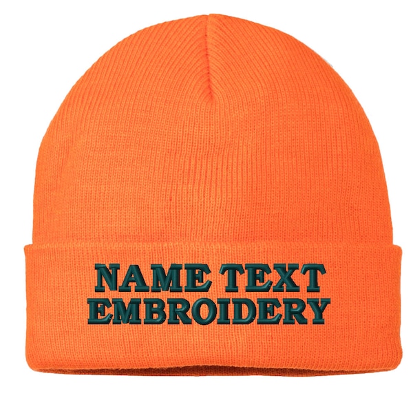 Custom Embroidered Beanie Personalized Name Text embroidery Ski Toboggan Long Cuffed Knit Cap Unisex PC01 - Orange
