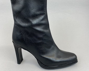 Vintage Black Leather Ankle Zip Up Boho Hippie Heels Y2K Booties Boots EU37 UK4