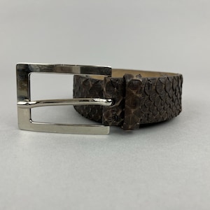 May include: A brown leather belt with a silver buckle. The belt features a textured, scale-like pattern. The buckle is rectangular with a single prong.