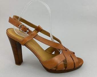 Sezane Tan Brown Leather Strappy High Heels Open Toe Slingback Sandals Shoe EU42 UK9