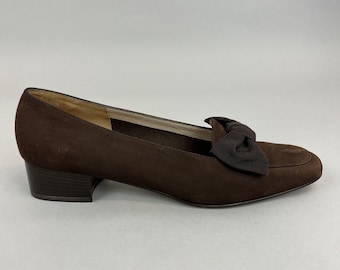 Salvatore Ferragamo Boutique Brown Leather Slip On Narrow Heels Pumps Court Bow Shoes US8.5 A UK6