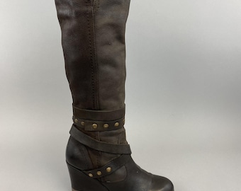 Unknow Brown Distressed Leather Knee High Zip Up Studs Wedge Bootie Boots EU37 UK4