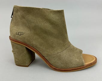 UGG Boots Size UK6.5 Brown Suede Ginger Open Toe Ankle Zip Block Heels Bootie