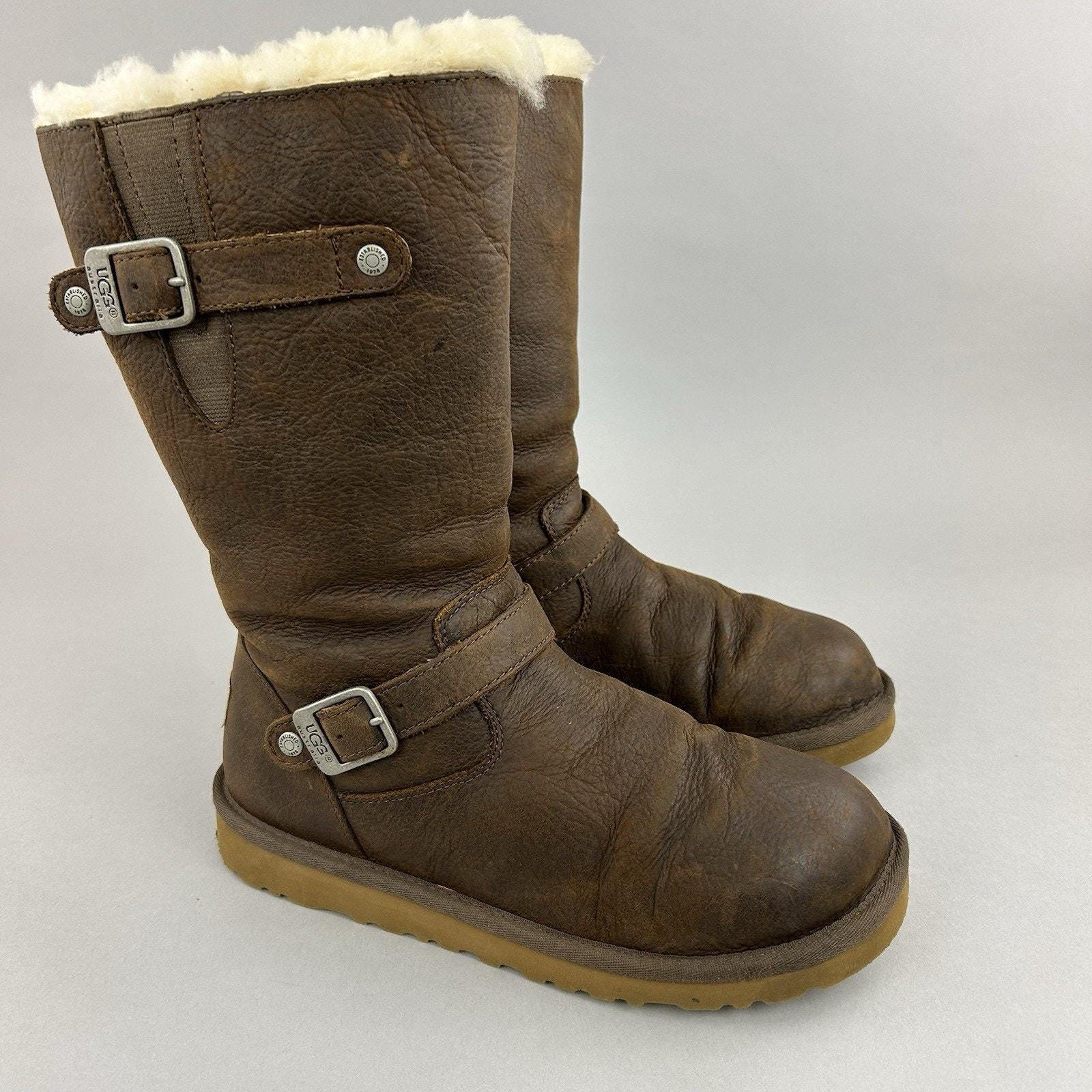 UGG Kensington Brown Sheepskin Biker Zip up Distressed Winter Warm
