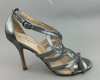 L.K Bennett Valley Pewter Silber Leder Riemen High Heels Slingback Sandalen UK8