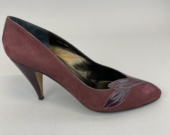 Gina Women's Burgundy Leather Suede Slip On Court Metallic Heels Pumps Vintage Boho Hippie Shoes Size UK6.5 / EU39.5 / US8.5