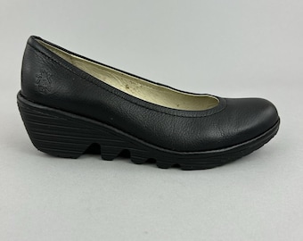 Fly London Black Leather Slip On Court Wedge Heeled Pumps Boho Shoes EU36 UK3