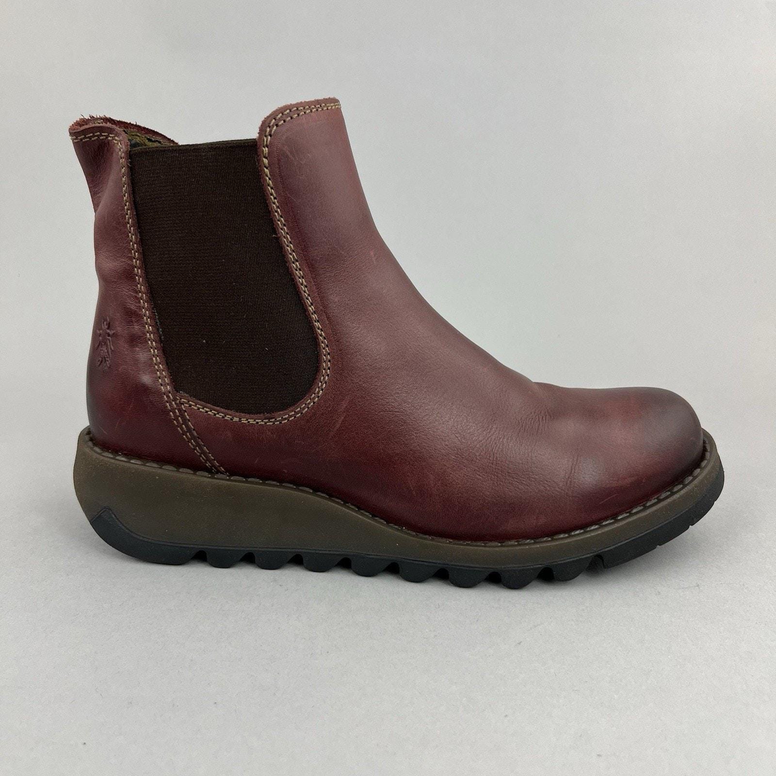 Fly London Burgundy Leather Ankle Chelsea Wedge Bootie Dress Boots