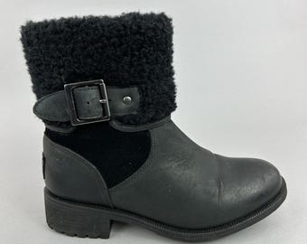 UGG Elings Black Leather Shearling Lined Zip Up Waterproof Hiker Boots Size UK3