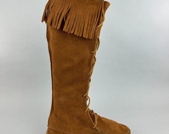 Minnetonka 1422 Brown Suede Fringe Moccasins Lace Tall Knee High Boho Boots UK6