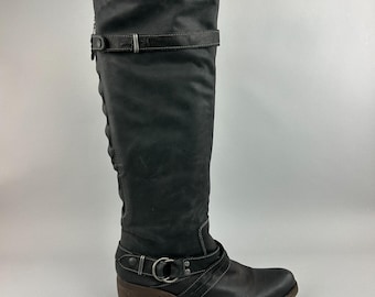Aldo Boots Damesmaat EU42 UK9 Zwart leer kniehoge blokhakken met rits en blokhakken Biker