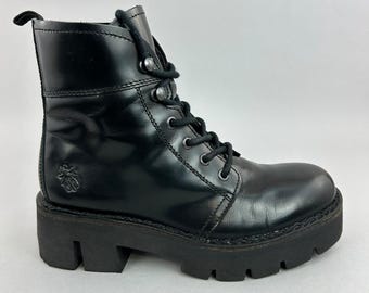 Fly London Women's Boots Size EU38 UK5 Black Leather Ankle Chunky Combat Bootie
