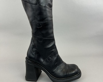 Bottines noires Shellys, mi-mollet, zippées, talons épais, vintage Y2k, EU37 3,5 UK - 4