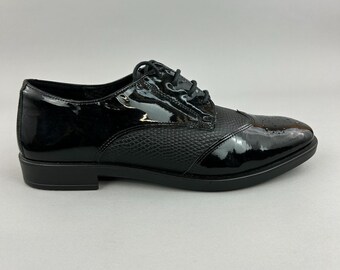Ecco Shoes Womens Size UK6.5 -7 Black Patent Smart Office Work Flat Brogues Wing