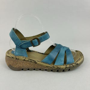 Fly London Blue Leather Strappy Slingback Summer Wedge Holiday Dress Sandals EU39 US8 UK6