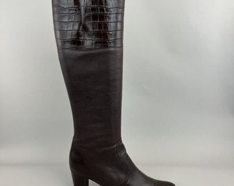 Roland Cartier Dunkelbraune Krokoleder Knie Hohe Zip Up Boho Hippie Bootie Kleid Stiefel EU39.5UK6.5