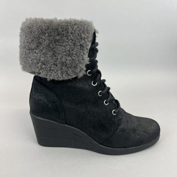 UGG Black Lace-Up Shearling Winter Boots UGG Upside Lace Up Suede Wool Shearling Boot Mid-Calf Black  main image 4