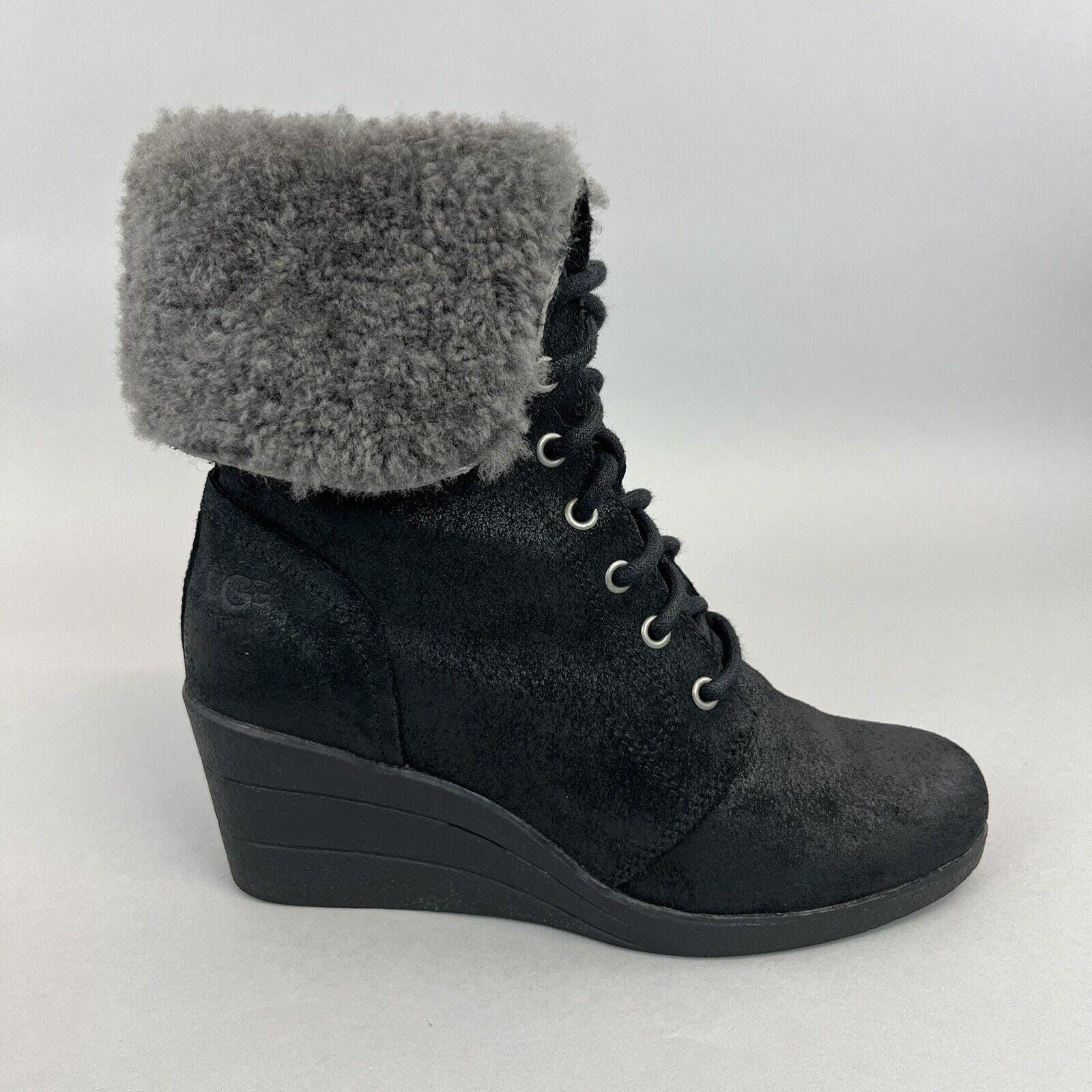UGG Zea Waterproof Black Distressed Leather Wedge Lace Shearling