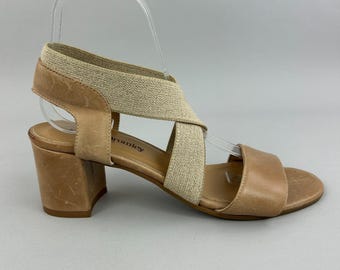 Russel & Bromley Sandalen Größe UK5 Tan Elastische Slingback Block Heels Schuhe