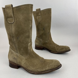 N D C Beige lederen noodlijdende suède mid kuit pull-on cowboy western boho hippie bootie festival laarzen EU37,5 UK4-4,5