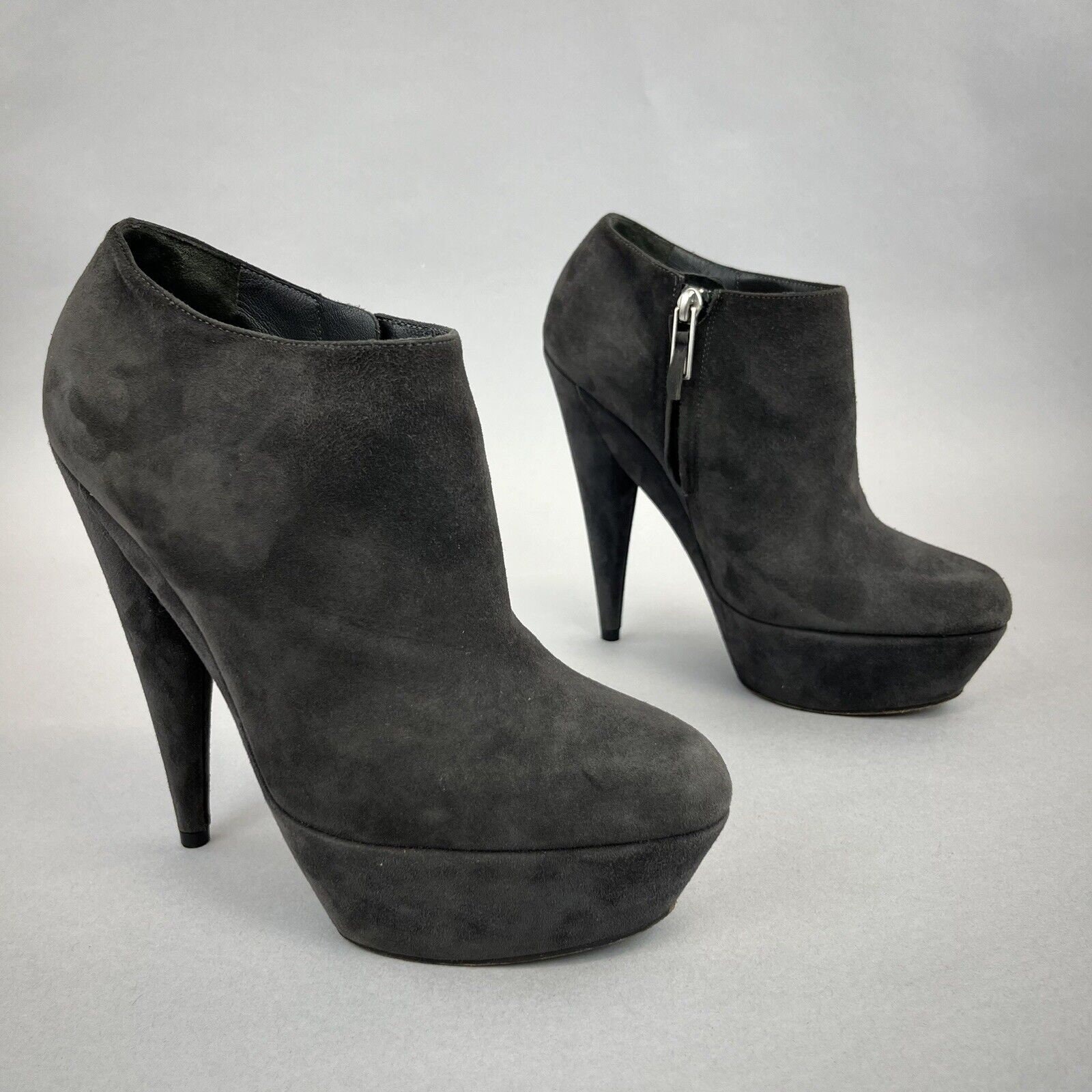 YSL Saint Laurent Dark Grey Suede Ankle Zip up Platform