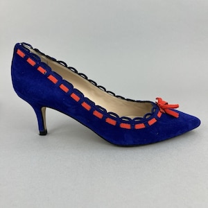 Blue Suede Kitten Heel Pumps: LK Bennett London Bow Detail - UK4.5 / EU37.5