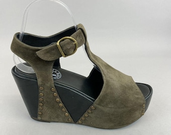 Fiorentini & Baker Dany Khaki Platform Open Toe Wedge Studded Sandals Shoes EU37 UK4