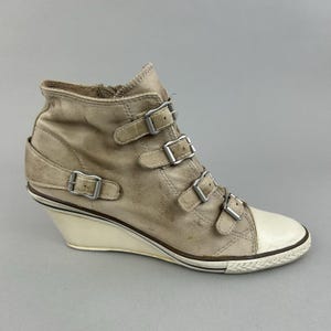 ASH Tan Leather Hi Top Ankle Zip up Buckle Wedge Sneakers Boho