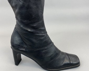 Hush Puppies Schwarzes Leder mit Absatz, Knöchelreißverschluss, Y2K-Vintage-Bootie, quadratische Zehenstiefel, EU39, UK6