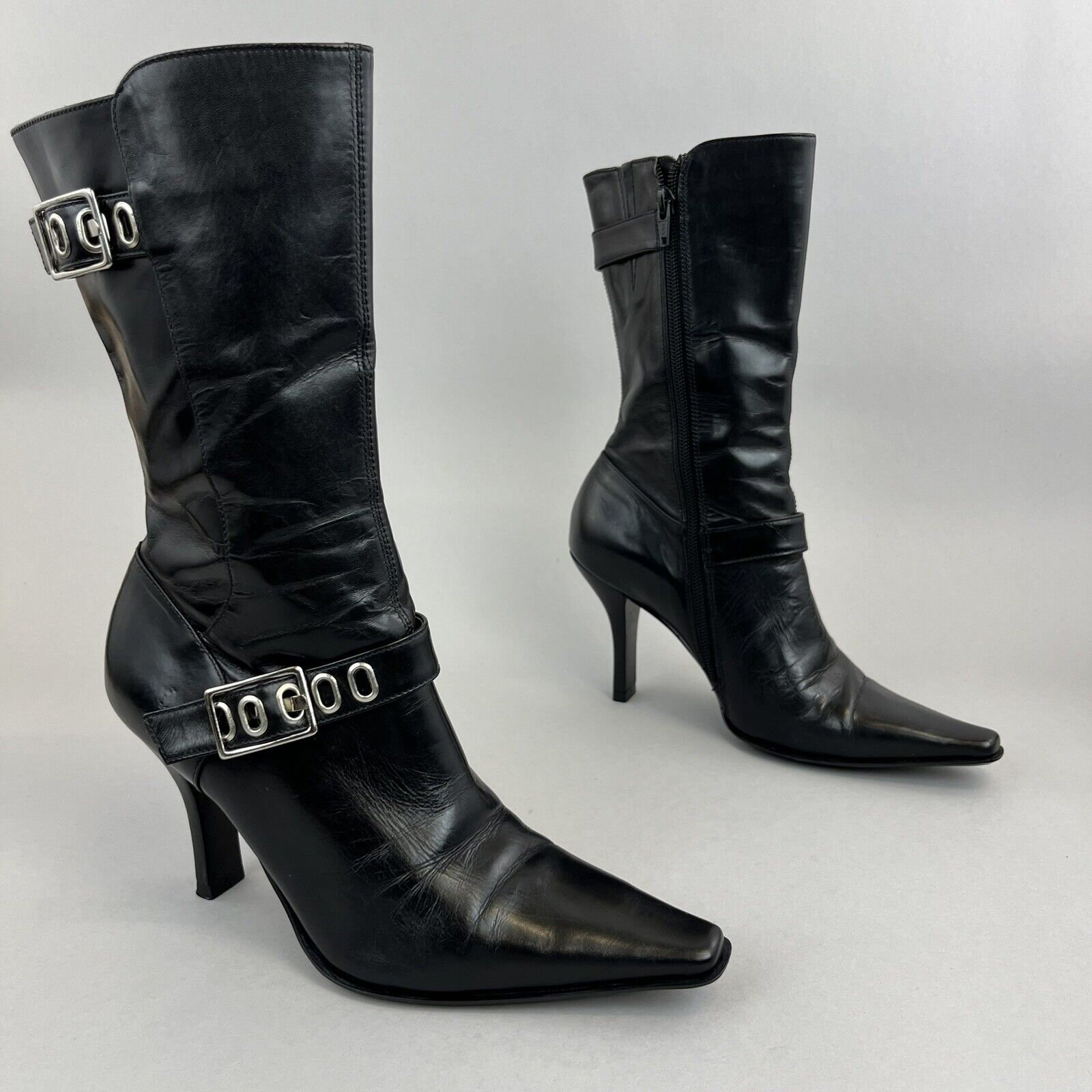 Kenneth Cole Black Leather Mid Calf Zip up Buckle Pointed