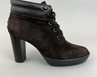 Botas de vestir de tacón alto con cordones hasta el tobillo de ante marrón de Tod's, talla EU37 UK4