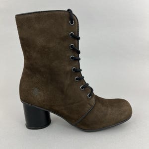 Fly London bruine leren victoriaanse enkellaarsjes met rits en kant en hak EU38 UK5