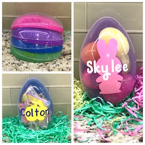May include: A collection of Easter-themed items. One image shows a stack of colorful plastic egg-shaped containers with a clear lid. Another shows a large plastic egg filled with candy and a pink bunny graphic with the name "Skylee". The third egg has the name "Colton".