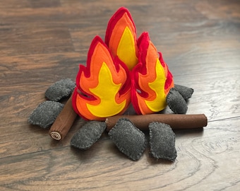 Felt Fire 13 Piece Set - Pretend Camp Fire - Camping - Flames - Charcoal/Rocks - Logs