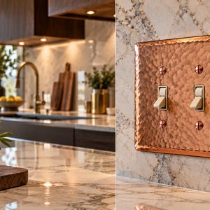 May include: A double light switch wall plate featuring a hammered copper finish with a square shape and rounded edges. The plate is secured with four matching copper-toned screws and contains two off-white toggle switches in the center.