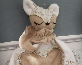Large personalized cuddly toy / Toy in double gauze organic cotton and fur / Baby gift / Bunny cuddly toy / Gift made in France / Creation