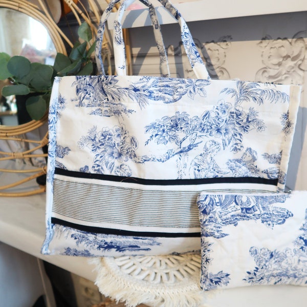 Sac en toile de Jouy  / tote bag /sac femme/sac cabas/sac avec sa pochette assortie /sac tendance