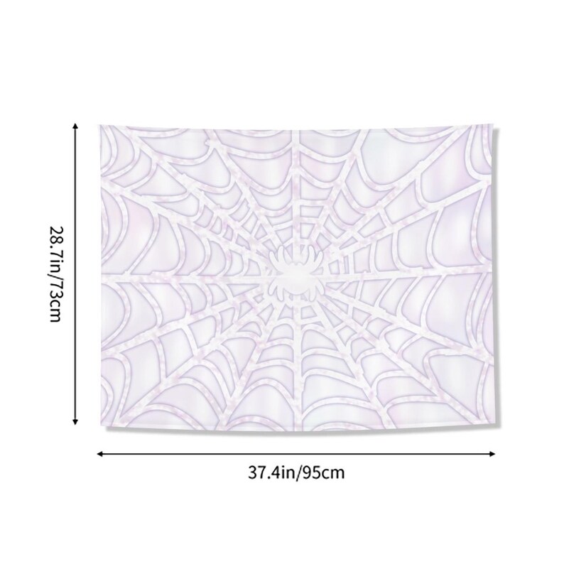 May include: A white tapestry with a spiderweb design. The tapestry measures 37.4 inches wide and 28.7 inches tall. The web design is in a light purple color, with a central focal point.