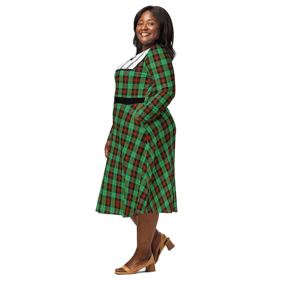 Green Plaid Christmas Midi Dress for Women Addy Walker Inspired Holliday, American Girl Book Costume - Vintage Style Long Sleeve