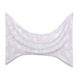 May include: A white and light purple spiderweb design on a curved fabric. The web pattern is detailed with curved lines and a gradient effect, creating a three-dimensional appearance. The fabric is draped, with soft shadows.
