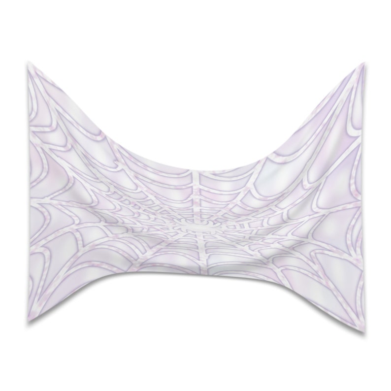 May include: A white and light purple spiderweb design on a curved fabric. The web pattern is detailed with curved lines and a gradient effect, creating a three-dimensional appearance. The fabric is draped, with soft shadows.