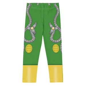 May include: Green and yellow leggings with a gray and silver design of a character's costume. The design includes a belt and straps.