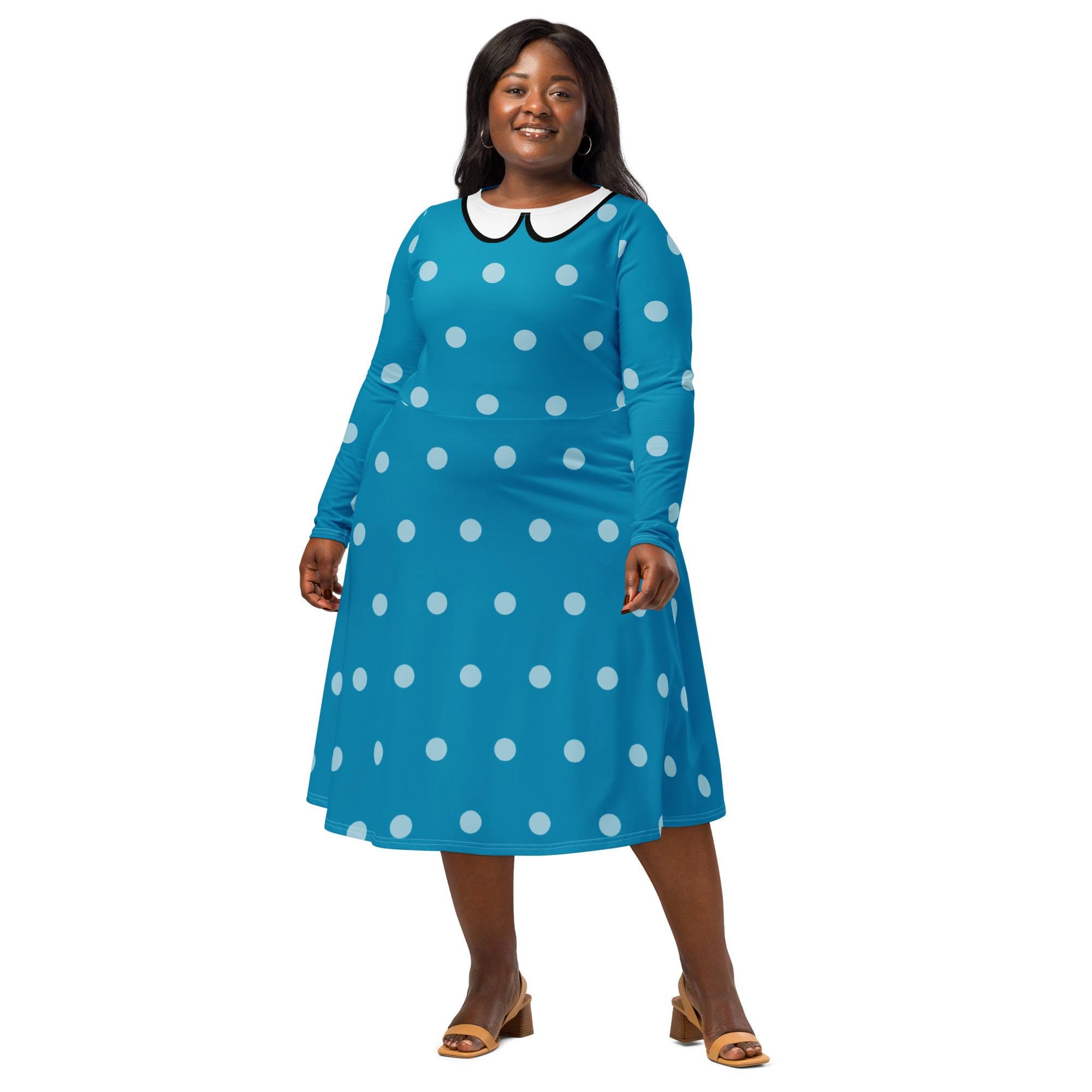 Mama Bear Costume Dress - Berenstain Bears Inspired Blue Polka Dot Outfit long sleeve midi Dress