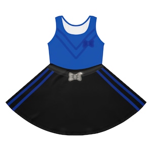 May include: A blue and black skater dress with a bow design. The sleeveless dress features a blue bodice with a V-neck design and a small bow. The black skirt has blue stripes and a bow-shaped belt buckle.
