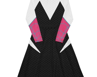 Gwen Stacy Ghost Spider Dress – Black Pink White Long Sleeve Midi Dress, Adult Casual Cosplay Costume