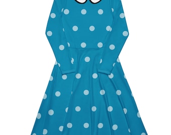 Mama Bear Costume Dress – Berenstain Bears Inspired Blue Polka Dot Outfit long sleeve midi dress
