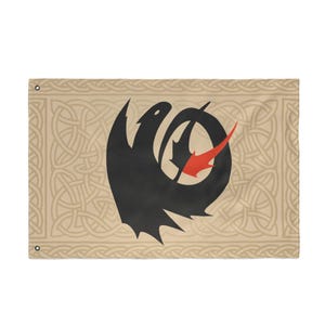 May include: A rectangular flag featuring a black dragon silhouette with a red accent. The dragon is set against a tan background with a Celtic knot pattern. The flag has grommets for hanging.