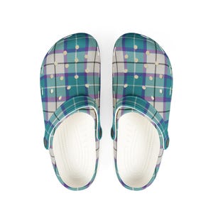 May include: A pair of white clogs with a teal, purple, and white plaid pattern.